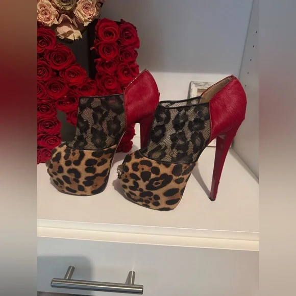 Christian Louboutin Leopard Print/Red Pony Hair and Black Lace Aeronotoc Booties - Picture 10 of 12